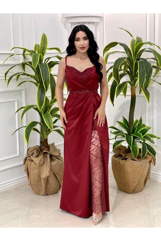 Sim Detay Saten Abiye 2461 Bordo