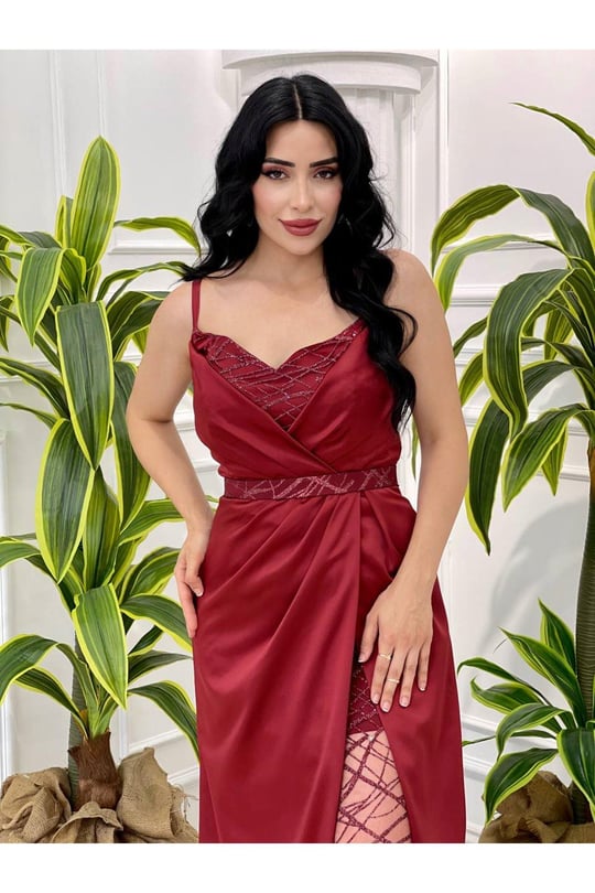 Sim Detay Saten Abiye 2461 Bordo