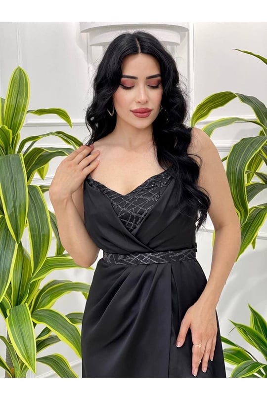 Sim Detay Saten Abiye 2461 Siyah