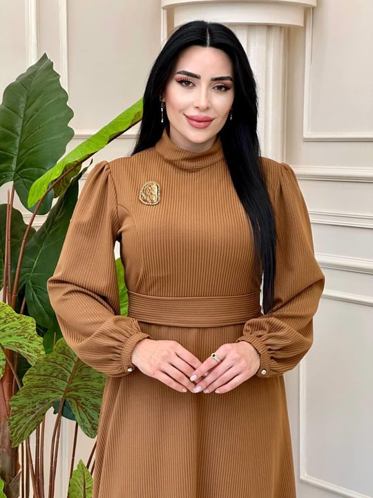 Sim Şeritli Örme Elbise 1736 t-24 Taba