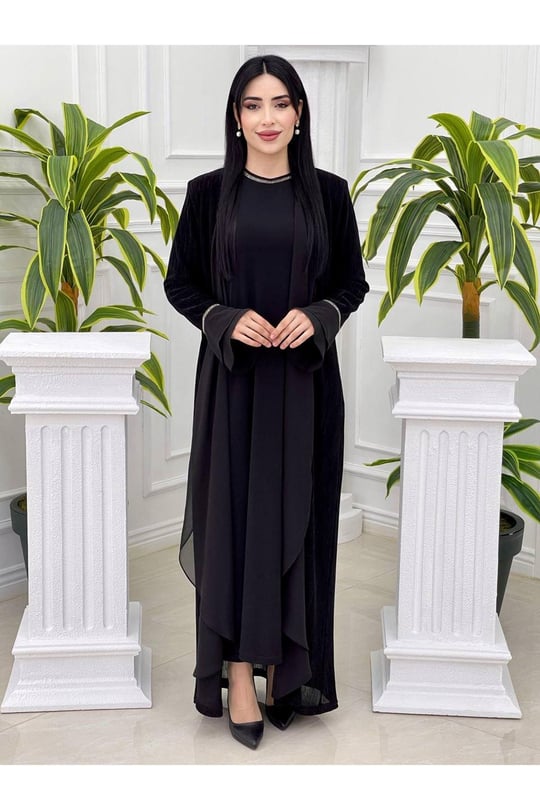 Simli Abaya Takım 7126 Siyah