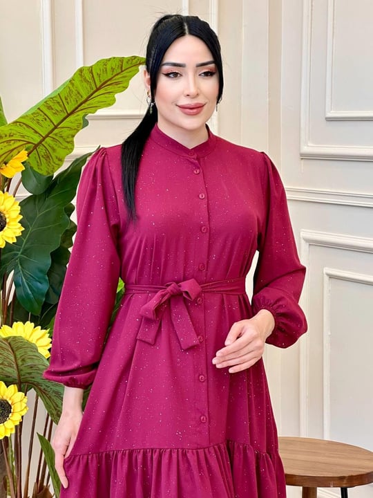 Simli Düğmeli Elbise 381 e-025 Bordo
