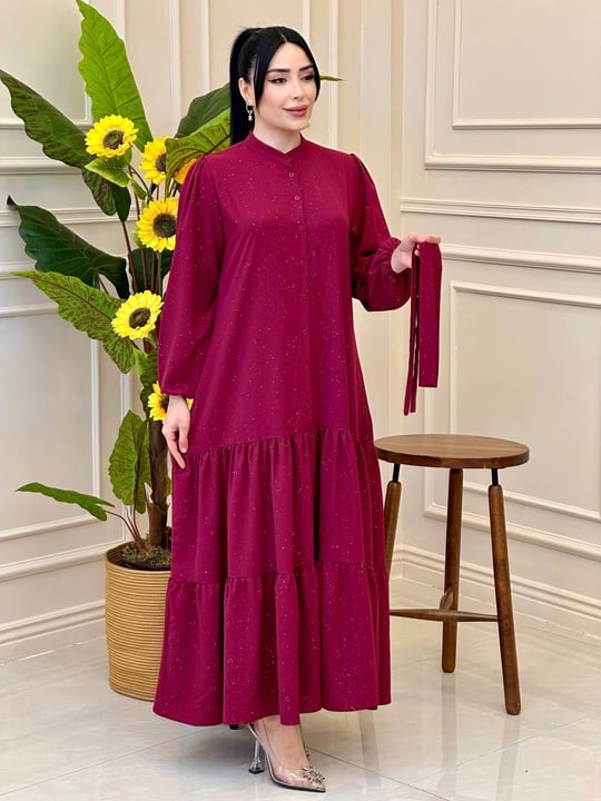 Simli Düğmeli Elbise 381 e-025 Bordo