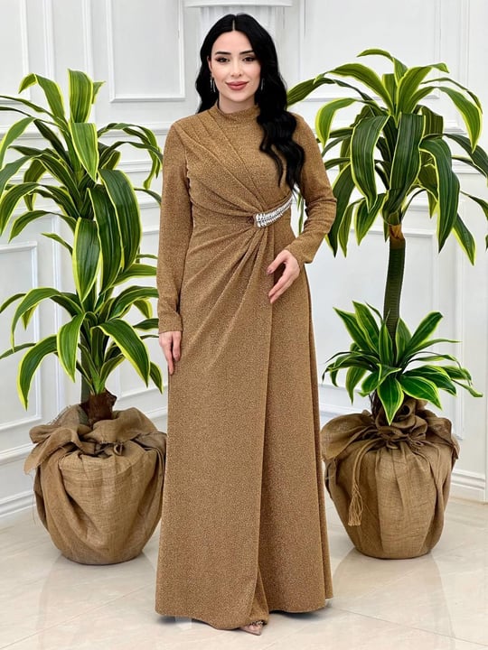 Simli Önü Büzgülü Elbise 4397 T-24 Gold