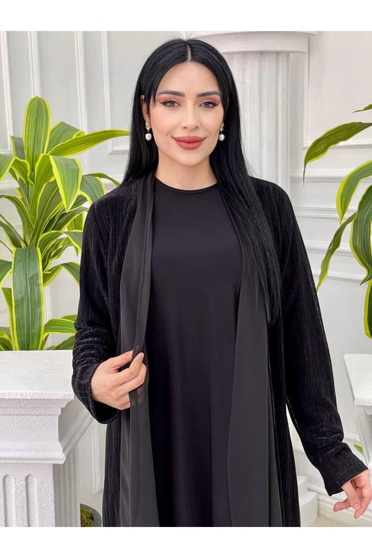 Simli Üçlü Abaya Takım 3325 Siyah