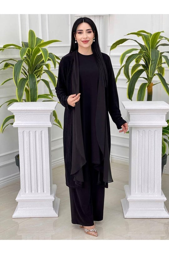 Simli Üçlü Abaya Takım 3325 Siyah