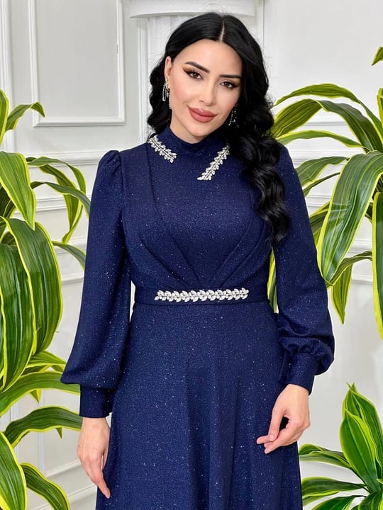 Simli Yakası Pileli Elbise 4386 T-24 Lacivert