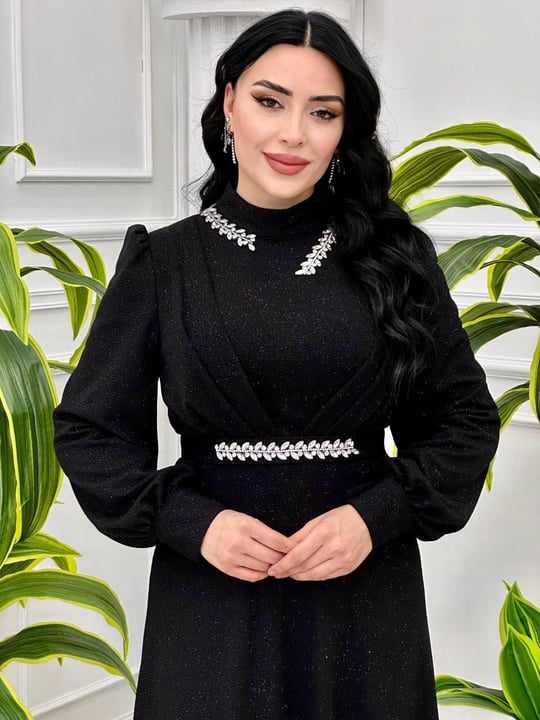 Simli Yakası Pileli Elbise 4386 T-24 Siyah