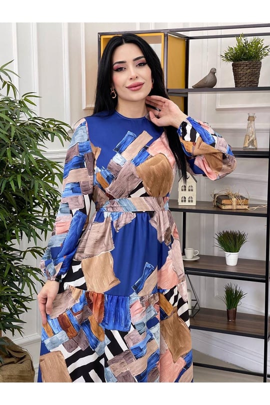 Siyah Beyaz Çizgi Desen Elbise 3036 Saks