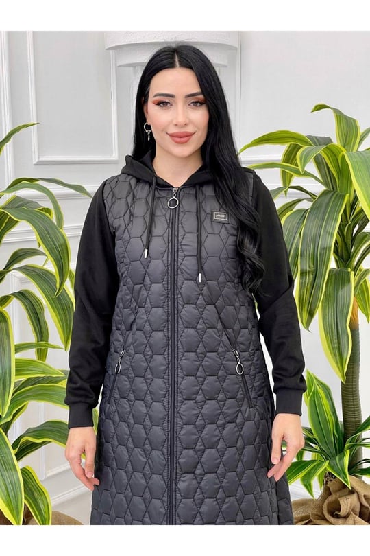 Süet Detay Kapitone Uzun Kap 6062 Siyah
