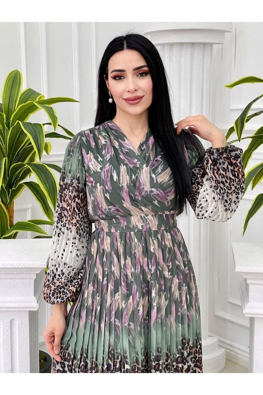 Sulu Desen Kruvaze Şifon Elbise 3889 Yeşil