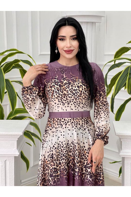 Sulu Desen Saten Elbise 4049 Leylak