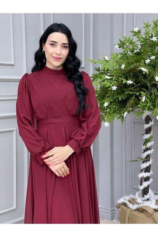 Tam Tur Şifon  Elbise 4105 Bordo
