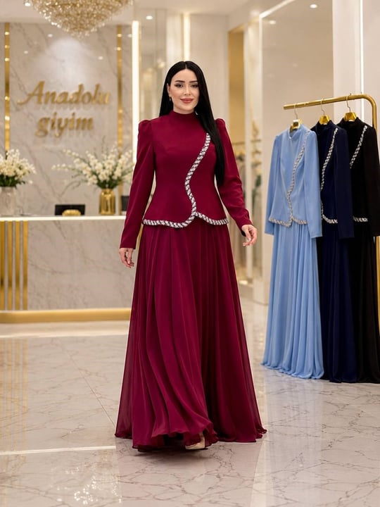 Taş Detay Eteği Şifon Takım Görünümlü Abiye 0970 T-26 Bordo