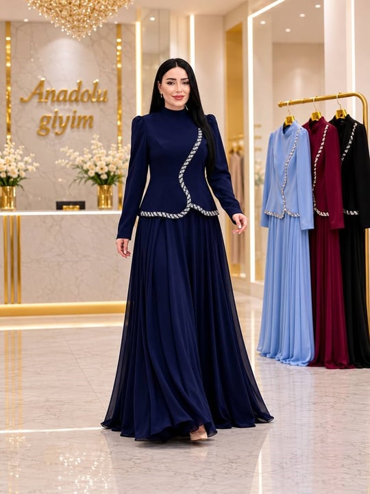 Taş Detay Eteği Şifon Takım Görünümlü Abiye 0970 T-26 Lacivert