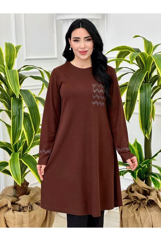 Taş Detay Örme Tunik 846-Kahverengi