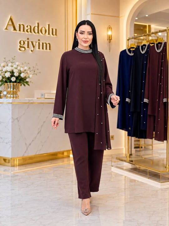 Taş Detay Pelerinli Pantolon Takım 15938 T-26 Kahverengi