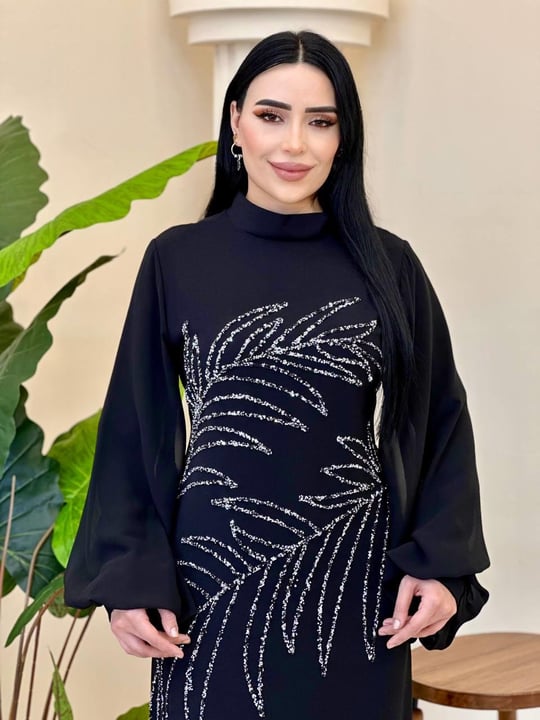 Taş İşleme Balon Kol Elbise 4611 t-024 Siyah