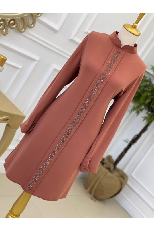 Taş İşleme Büyük Beden Tunik 5236 Taba