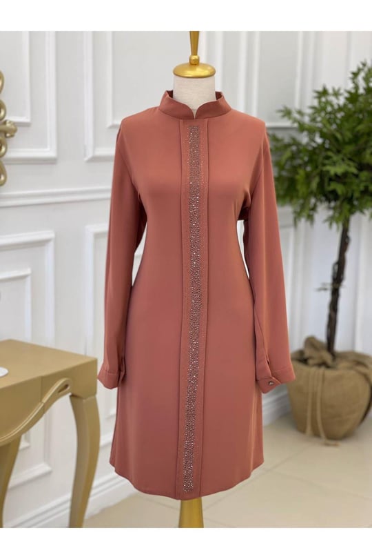 Taş İşleme Büyük Beden Tunik 5236 Taba