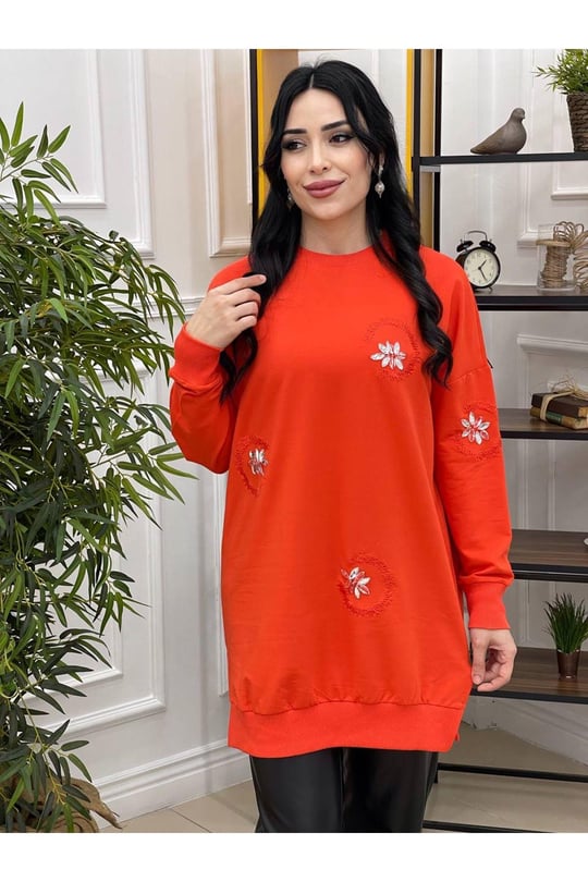 Taş İşleme Sweat 10225-Turuncu