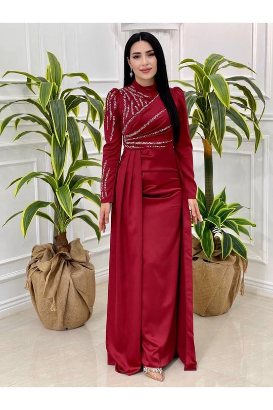 Taşlı Saten Kalem Abiye 4175 Bordo