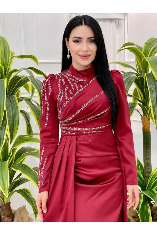 Taşlı Saten Kalem Abiye 4175 Bordo