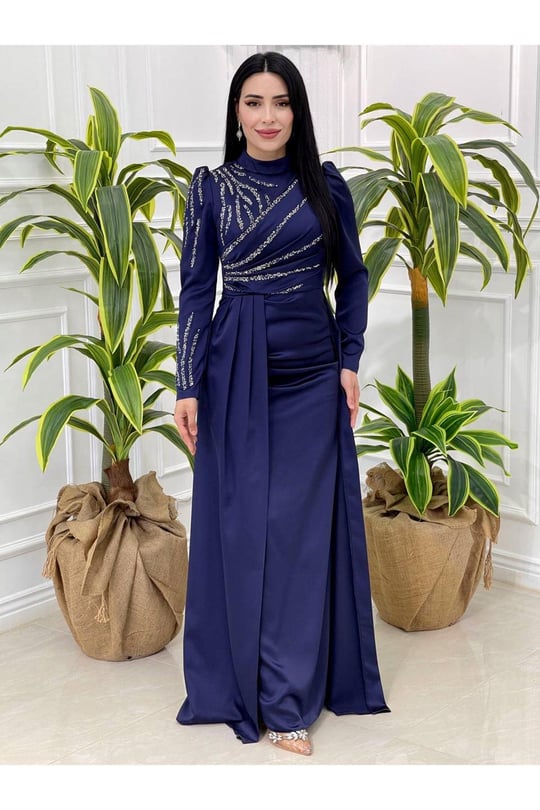 Taşlı Saten Kalem Abiye 4175 Lacivert