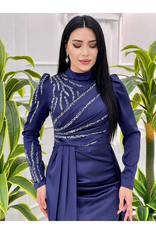 Taşlı Saten Kalem Abiye 4175 Lacivert