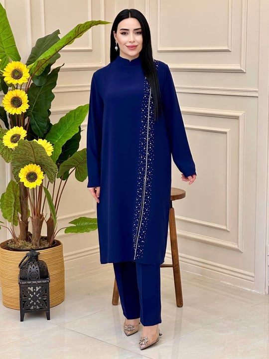 Taşlı Yırtmaç Detay ikili Takım 1028 t025 Saks
