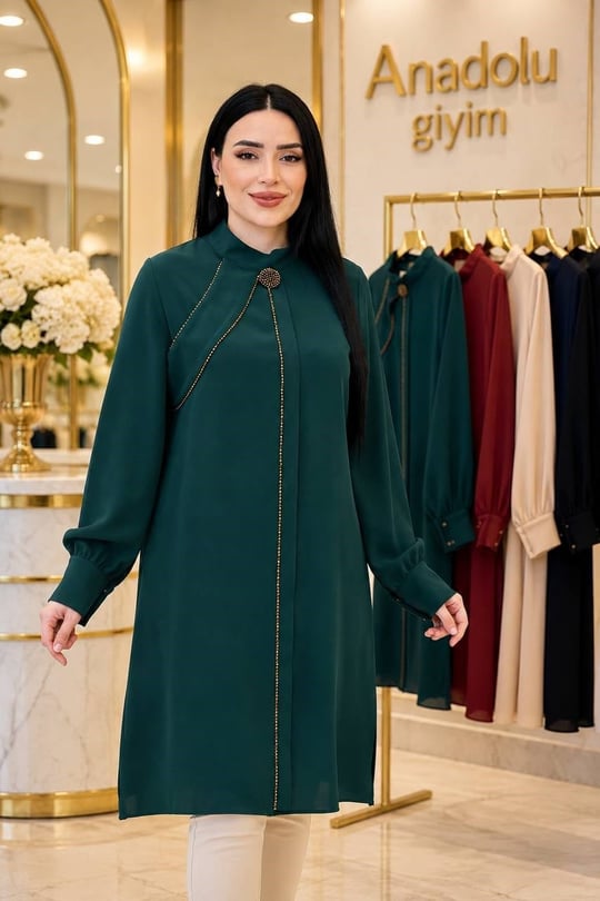 Tek Omuz Bant Boncuk İşleme Tunik 2235 T-26 Zümrüt Yeşil