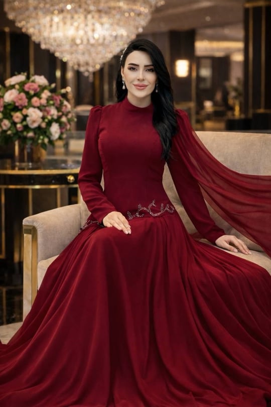 Tek Omuz Pelerin Takım Görünümlü Abiye 5608 T-26 Bordo
