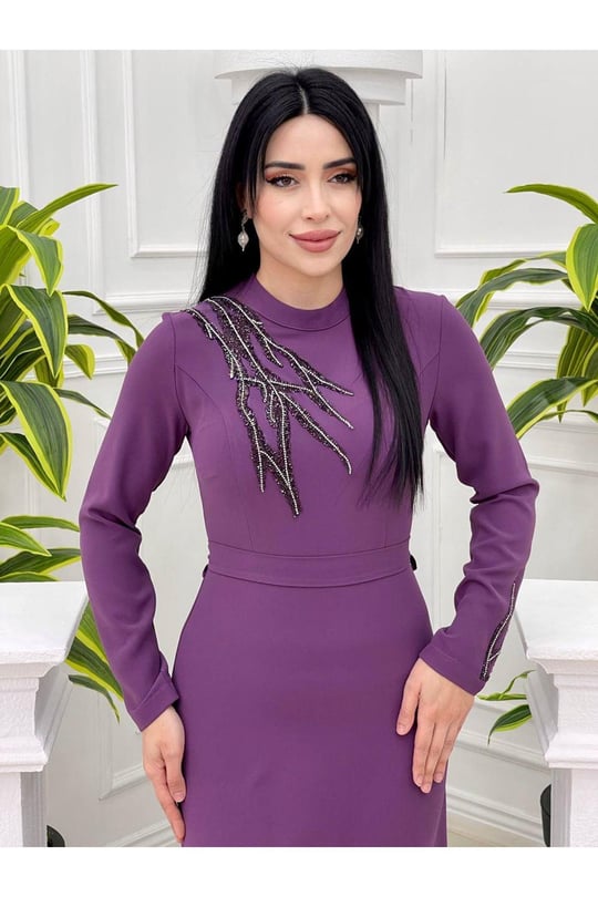 Tek Omuz Taş Elbise 598 Mor