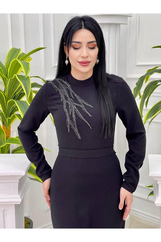 Tek Omuz Taş Elbise 598 Siyah