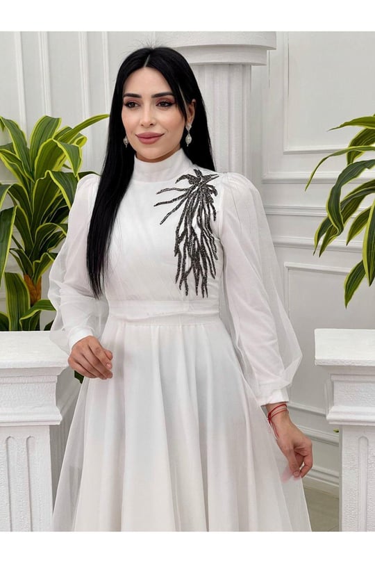 Tek Taraf Drape Tül Elbise 4355 Ekru
