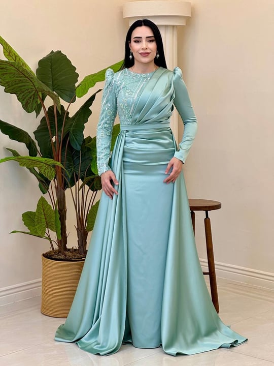 Tek Taraf İşleme Saten Abiye 5294 T-25 Mint yeşili