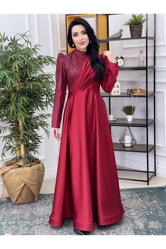 Tek Taraf Payet Saten Abiye Bordo