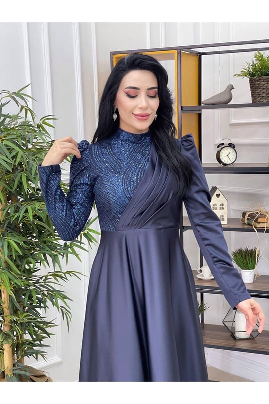 Tek Taraf Payet Saten Abiye Lacivert