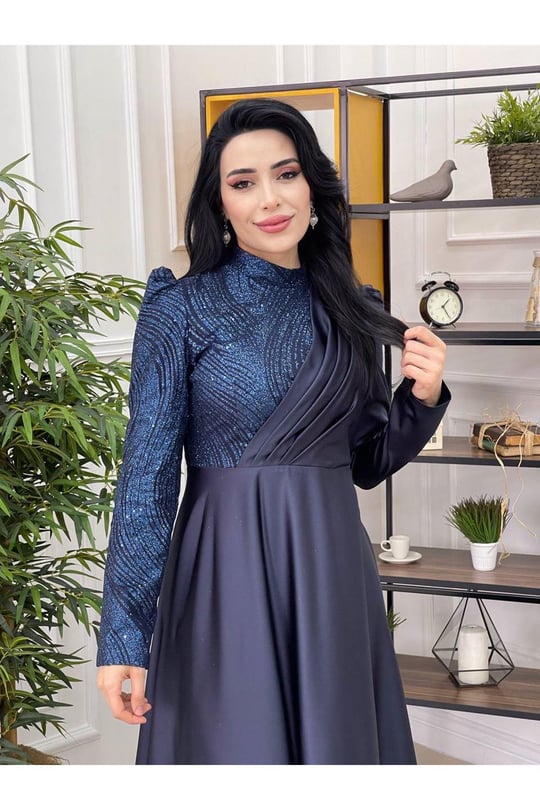 Tek Taraf Payet Saten Abiye Lacivert
