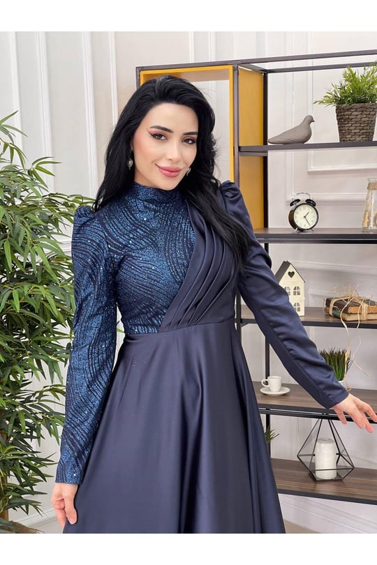 Tek Taraf Payet Saten Abiye Lacivert