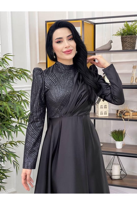 Tek Taraf Payet Saten Abiye Siyah