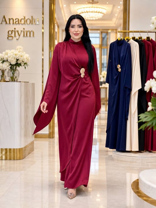 Toka Detay Eteği Kapama Saten Elbise 4925 T-26 Bordo