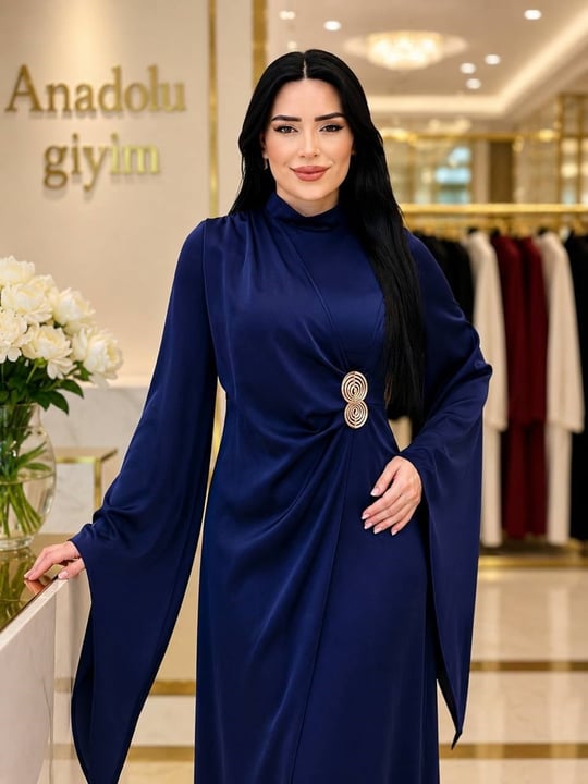 Toka Detay Eteği Kapama Saten Elbise 4925 T-26 Lacivert