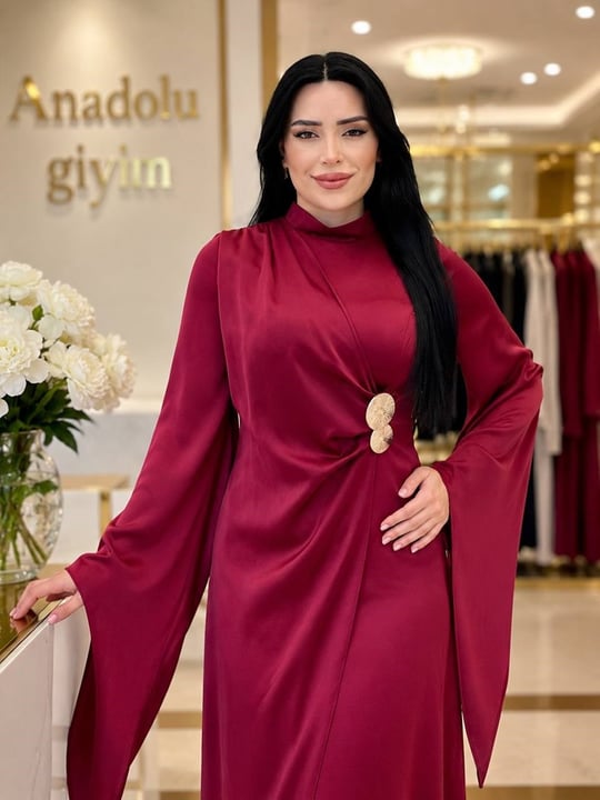 Toka Detay Eteği Kapama Saten Elbise 4925 T-26 Bordo