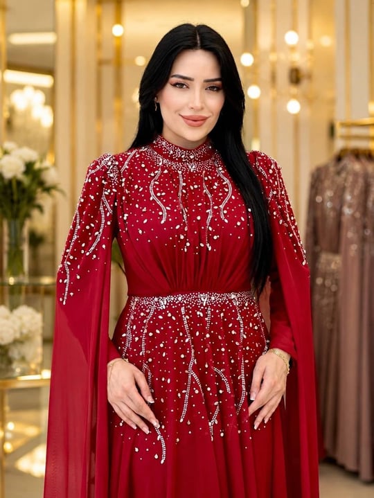 Tül Pelerinli Taşlı Abiye 5568 T-26 Kırmızı