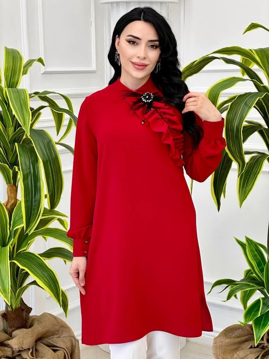 Tüy Broşlu Tunik 6374 T-24 Kırmızı