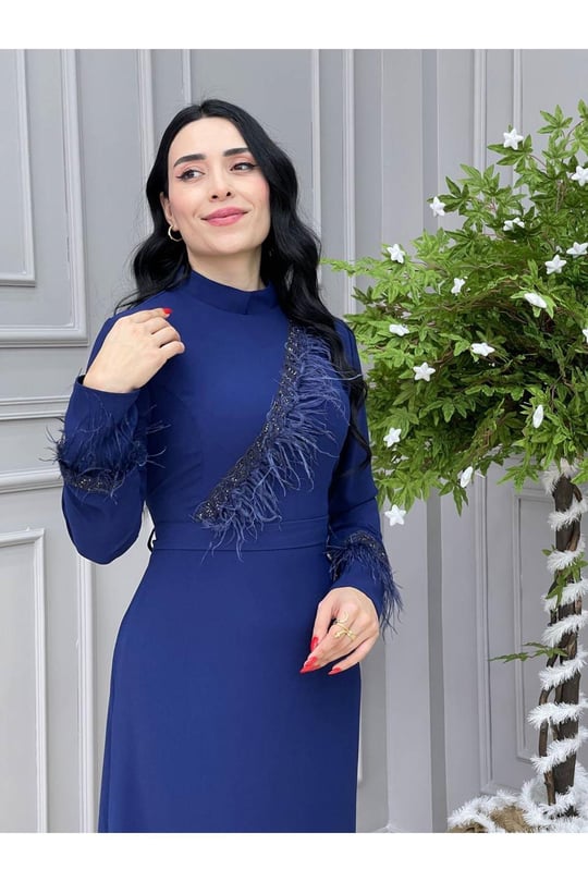 Tüy Detay Elbise 5514 Saks