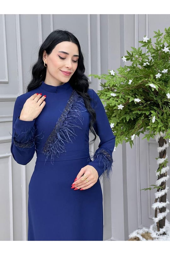 Tüy Detay Elbise 5514 Saks