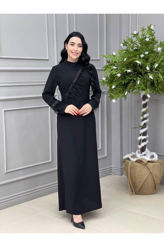Tüy Detay Elbise 5514 Siyah