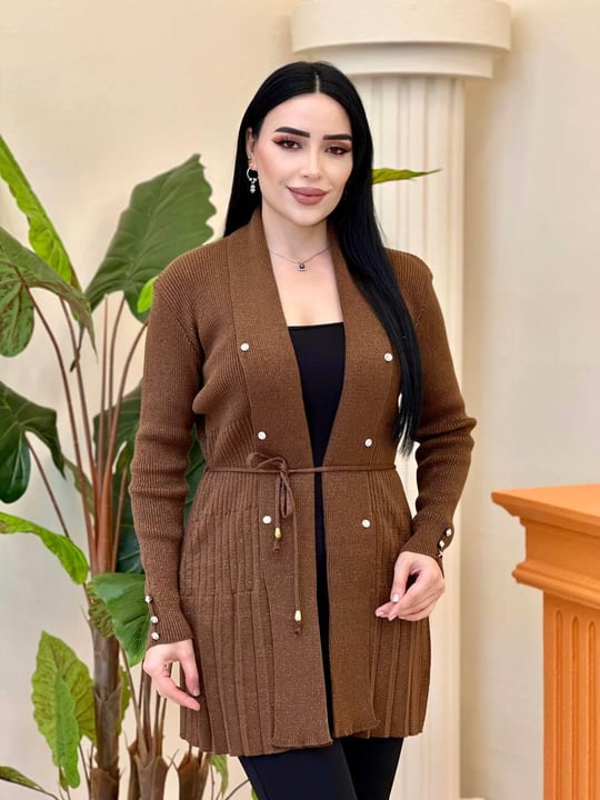 Üç Düğme Simli Kısa Hırka 5470 T-25 Kahverengi